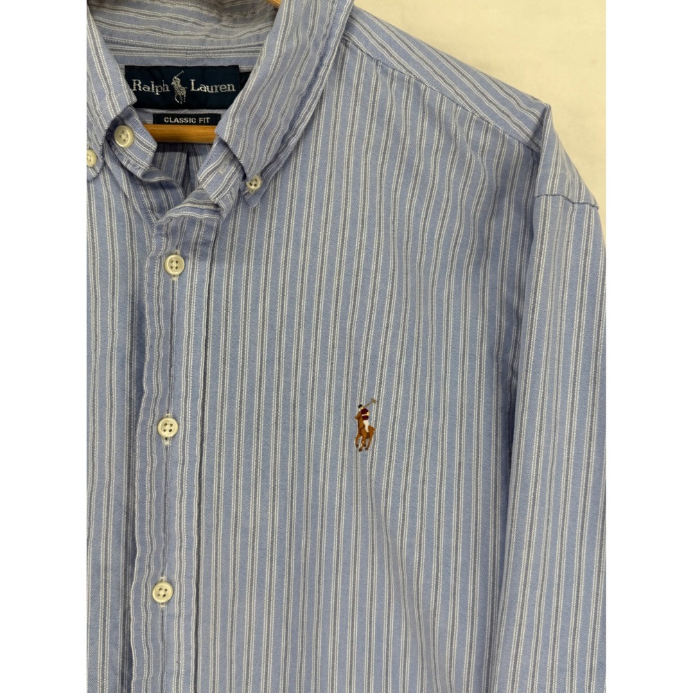 Ralph Lauren Classic Fit Mens XL Blue White Striped Button Down Shirt Cotton
